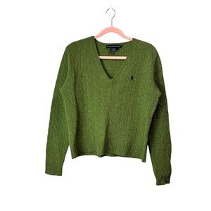 Ralph Lauren Sport green 100% wool v-neck cable knit sweater navy polo pony XL